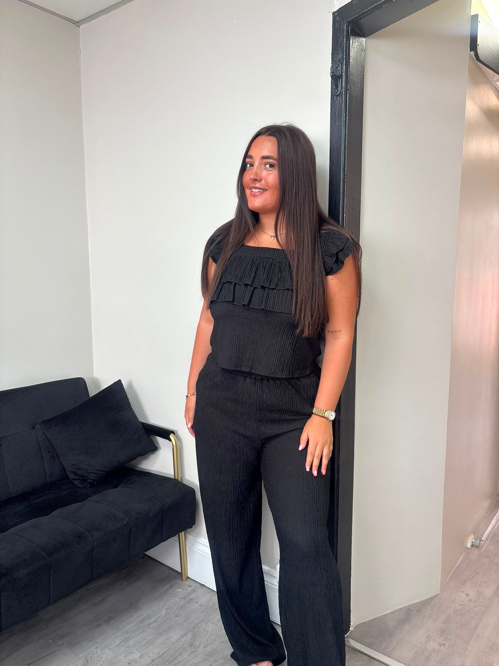 Textured Frill Top & Wide Leg Trouser Co-Ord