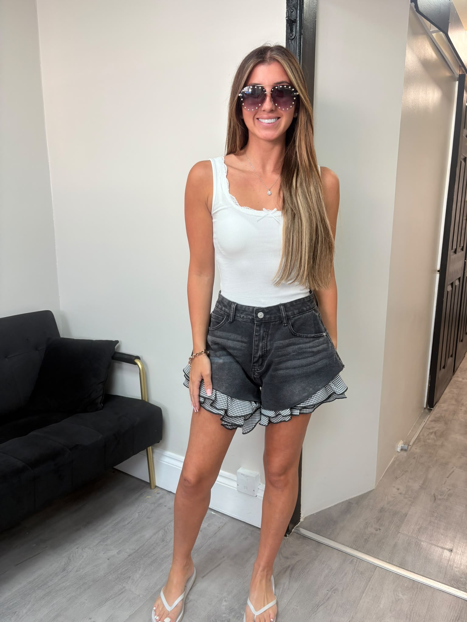 Gingham Frill Denim Shorts