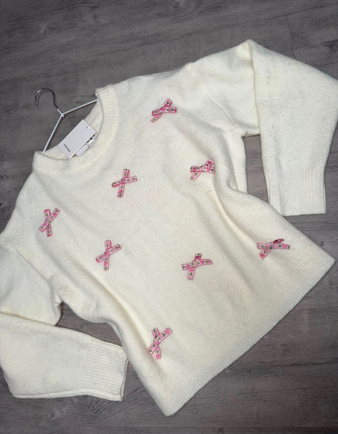 Cream Knit Jumper with Pink Ribbon Bow Embellishments