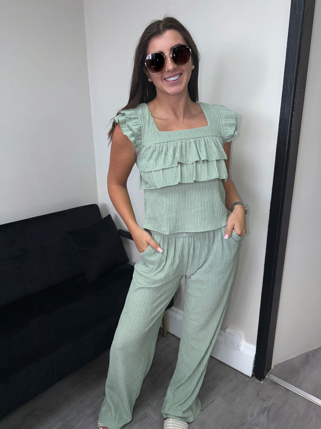 Textured Frill Top & Wide Leg Trouser Co-Ord
