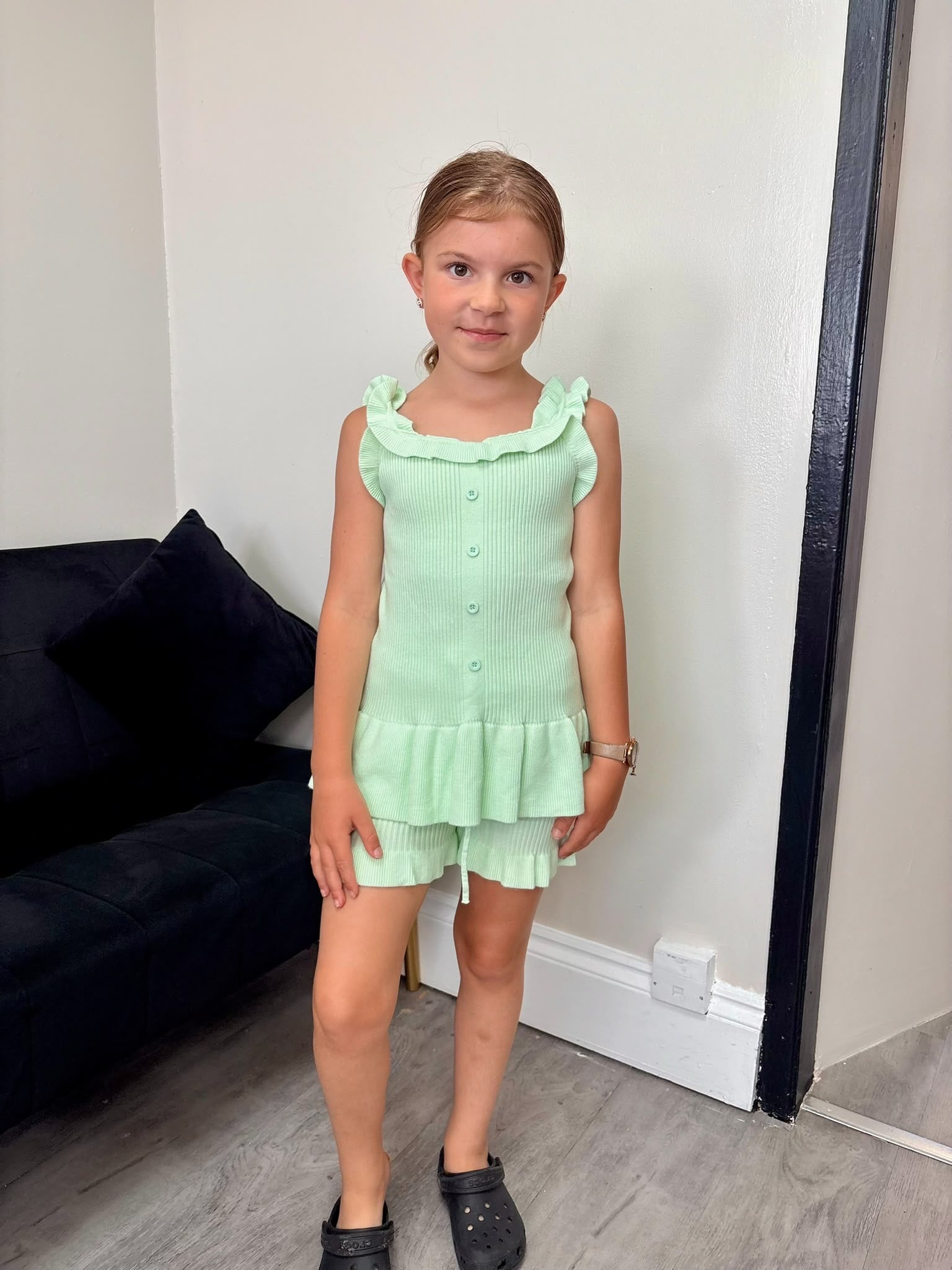 Girls Mint Ribbed Frill Short Set