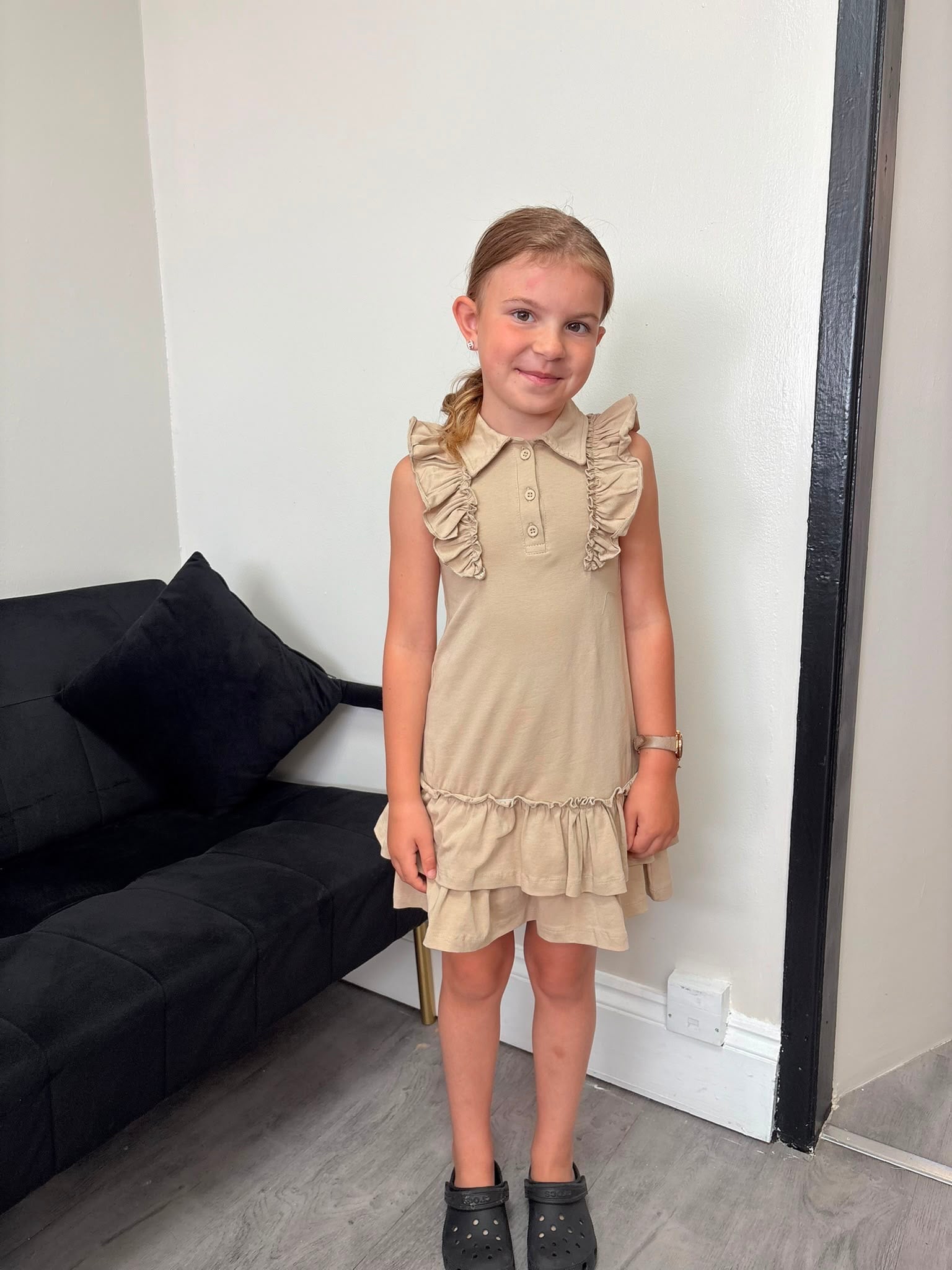 Girls Beige Frill Collar Tiered Dress