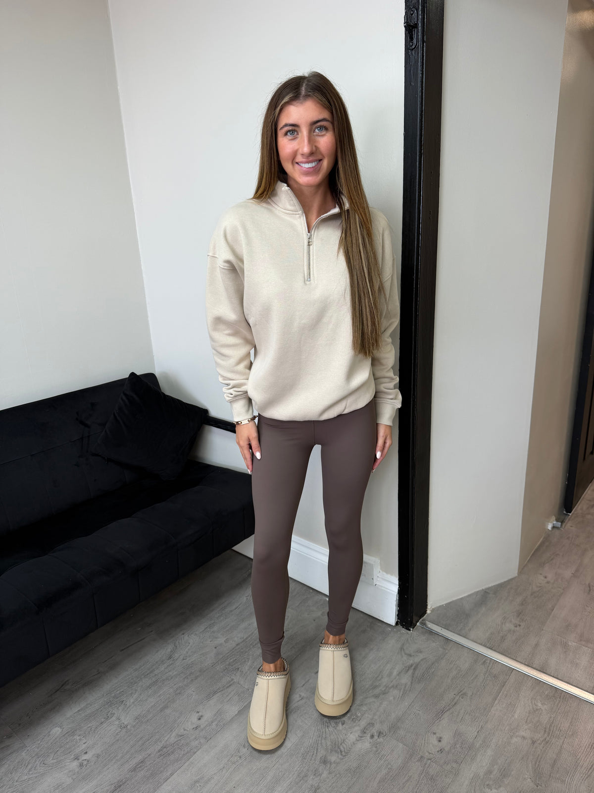 Beige 1/2 Zip High Neck Sweatshirt