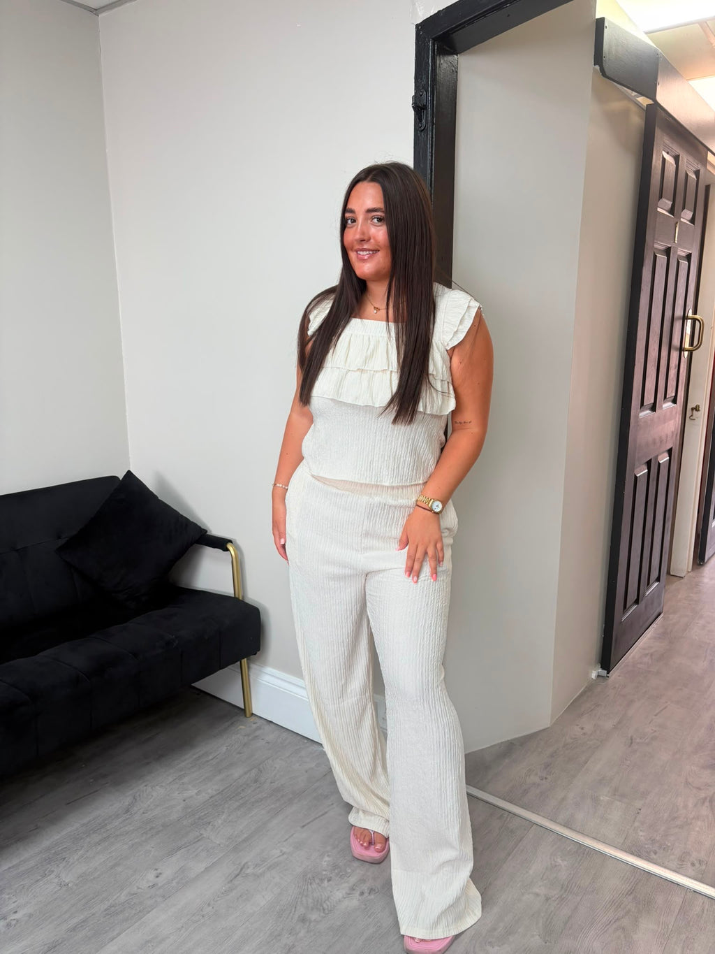 Textured Frill Top & Wide Leg Trouser Co-Ord