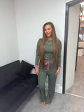 Khaki Green Lounge Set with Pink Trim & Drawstring Waist