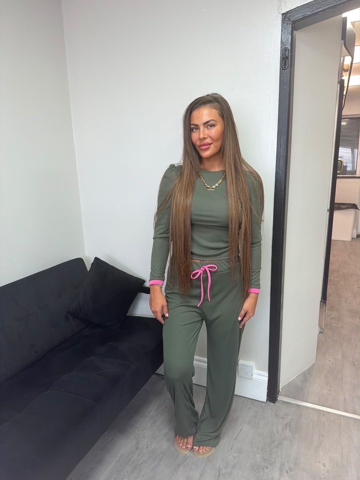 Khaki Green Lounge Set with Pink Trim & Drawstring Waist