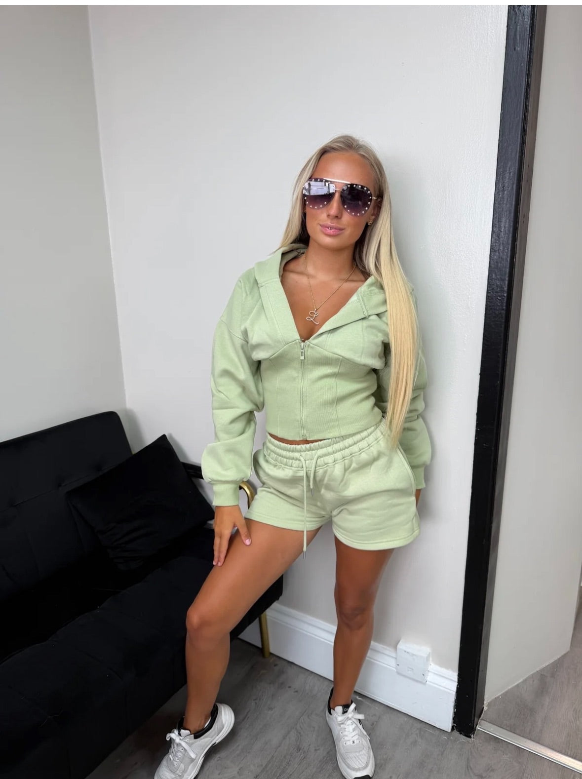 Sage Green Zip Hoodie & Shorts Co-Ord