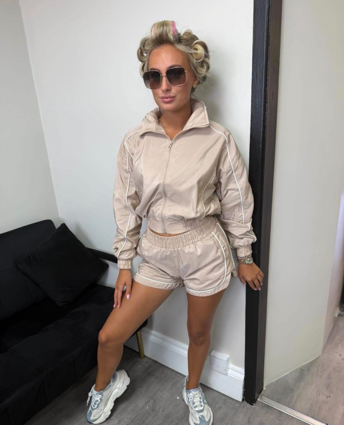 Stone Cropped Windbreaker & Runner Shorts Co-Ord Set