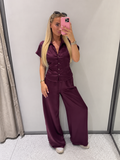 Burgundy Satin Button-Up Wide Leg Co-Ord Set